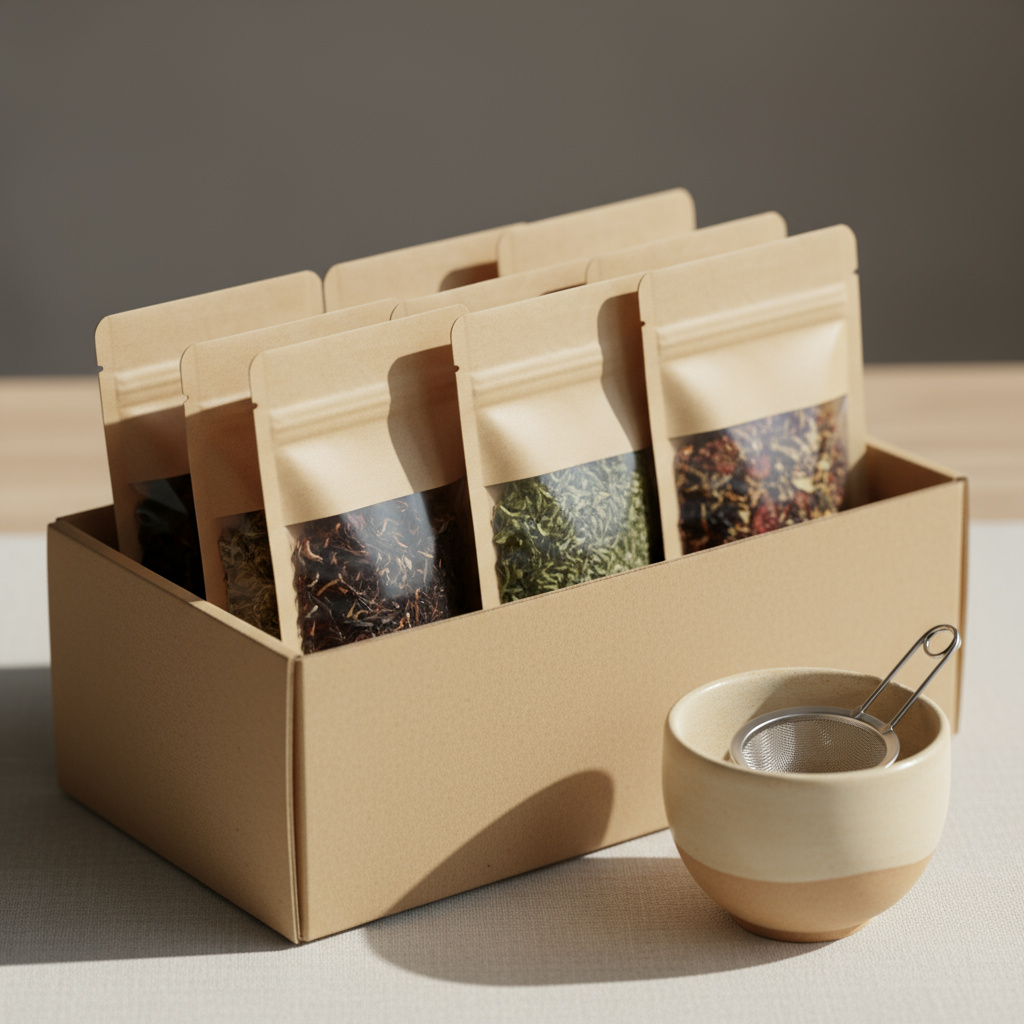 Caja de suscripción de té con bolsas de hojas sueltas y taza cerámica