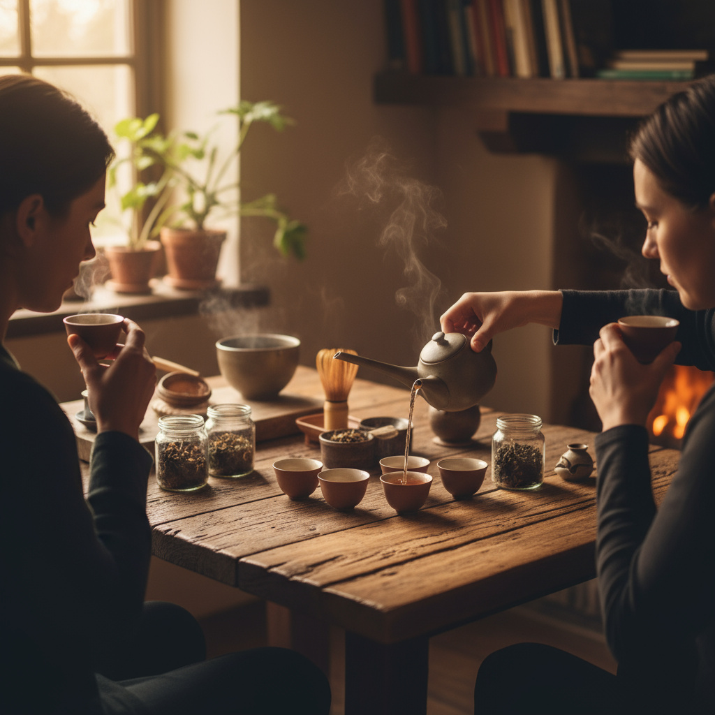 Sesión de cata de té con anfitrión sirviendo en mesa de madera
